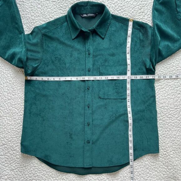 Zara Fine-Waled Emerald Green Corduroy Oversized Long Sleeve Button Blouse SZ M - Picture 11 of 14